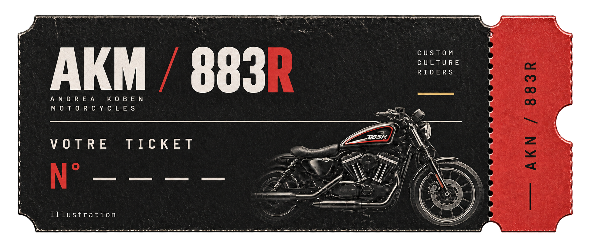 Illustration d’un ticket AKM 883R noir avec un talon rouge et un numéro fictif